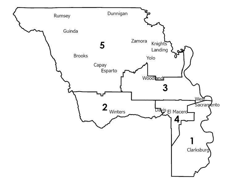 Line map of County Supervisorial Districts showing one or two cities and townships in each district.