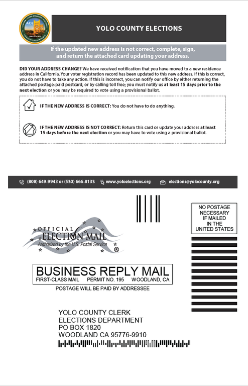 Image of the front side of the Change of Address Postcard used for voter file maintenance under EC 2225(b)