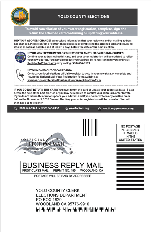 Image of the front side of the Address Confirmation Postcard used for voter file maintenance under NVRA Section 8(d)2