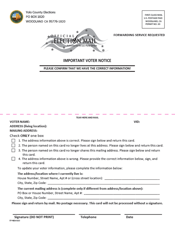 Image of the front of the fold-over Residency Confirmation Postcard used for voter file maintenance prior to an election
