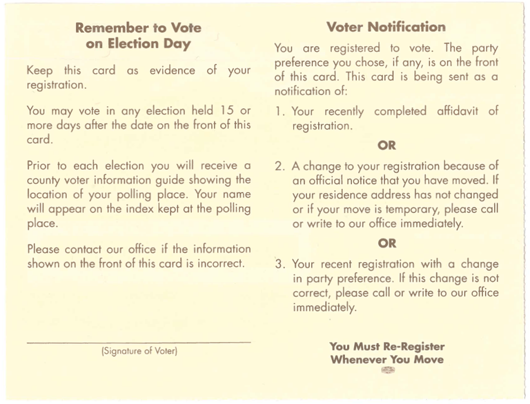 Image of the back side of the Voter Notification Card (Postcard)