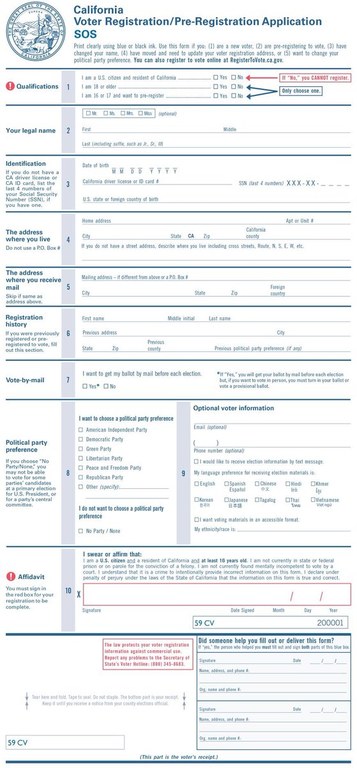 Image of the front face of the paper version of the California Voter Registration Card